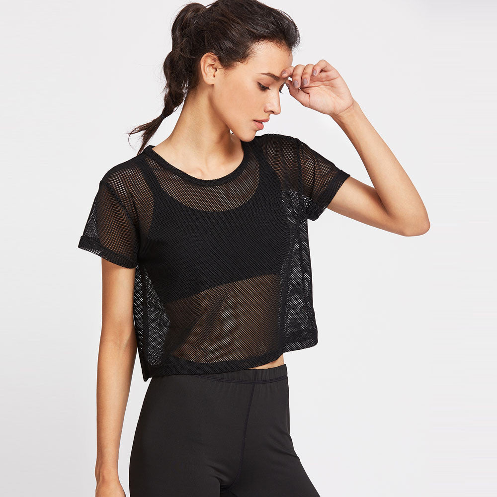 T shirt Women Black Mesh Cover Up Sporting Meshed