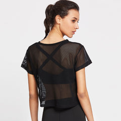T shirt Women Black Mesh Cover Up Sporting Meshed